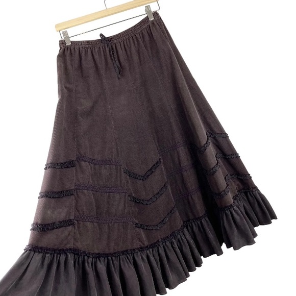 Monsoon Gypsy Skirt Brown 8/10 Silk Frill Needlecord Elastic Waist Hippie Boho - Picture 8 of 9